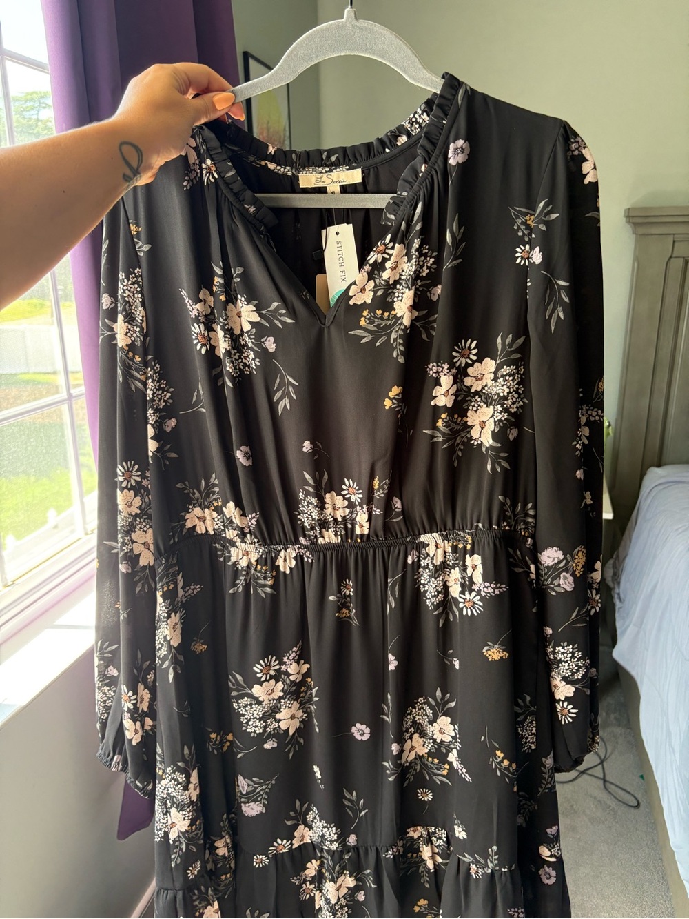 Black Floral Long Sleeve Tiered Dress